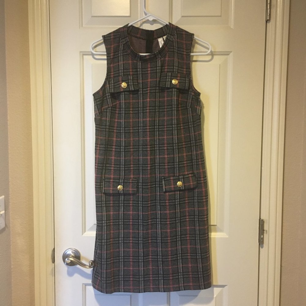 Tacera Sleeveless Plaid Gold Button Sheath Dress M